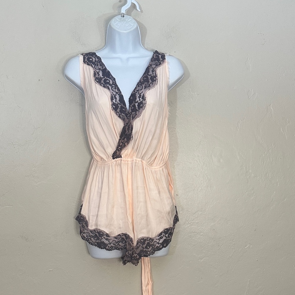 Free People Peach Chemise with Black Lace Trim